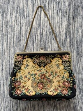 Walborg Black and Cream Floral Tapestry Evening Bag